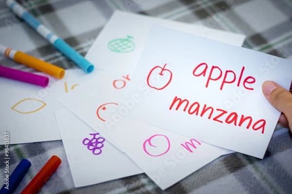 Fototapeta Spanish; Learning New Language with Fruits Name Flash Cards