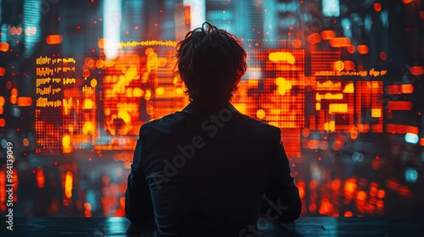 Fototapeta A focused business leader standing in front of a group, with glowing charts and financial graphs in the background,