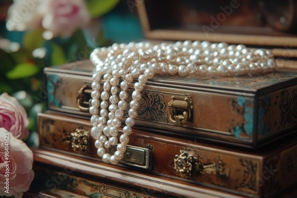 Obraz elegant pearl necklaces in vintage jewelry box, featuring a girlhood design style ideal concept banner for accessories
