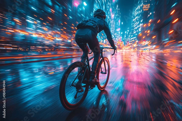 Fototapeta A lone cyclist pedaling down a futuristic city street, the buildings glowing with dynamic blue and pink lights,