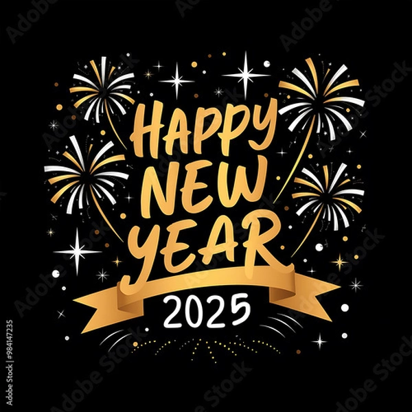 Fototapeta Happy new year 2025 typography greeting card, poster, banner with celebration elements. Happy new year walpaper. 