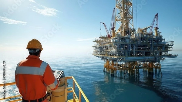 Obraz A massive offshore oil rig under a bright, clear sky