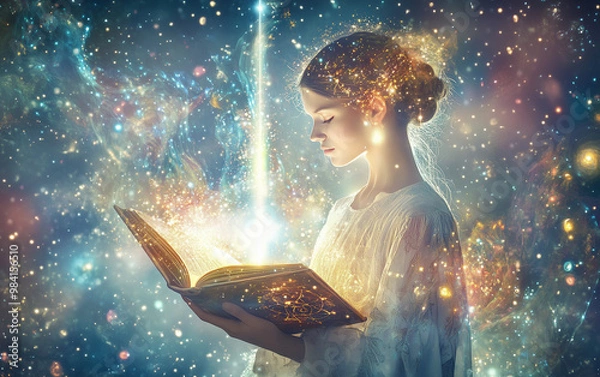 Fototapeta Akashic records,A priestess glowing with bright light stands beneath a pillar of radiant energy above her head, holding an ancient book made of light and energy adorned with glowing symbols.