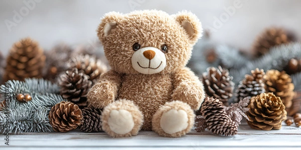 Fototapeta a teddy bear sitting next to pine cones

