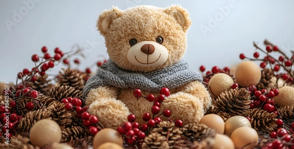 Fototapeta a teddy bear surrounded by pine cones

