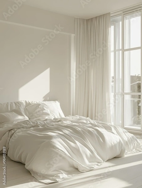 Fototapeta A white bed with white sheets and pillows