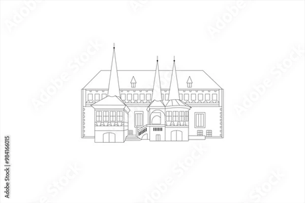 Fototapeta Line illustration of the Medieval Town hall building on the market square with council scales in Einbeck, Germany