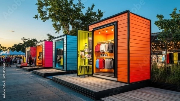 Fototapeta A series of pop-up retail spaces at a music festival, each unit crafted from vibrant and sound-dampening fiber cement siding to create immersive shopping experiences