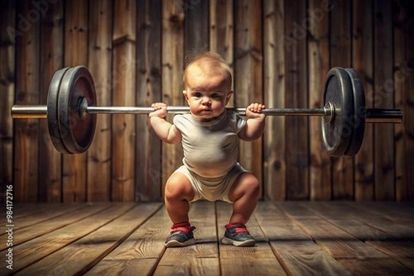 Fototapeta A European baby in a gym setting lifting a heavy barbell displaying impressive strength and determination the baby is dressed in a onesie and appears extremely focused on the task.