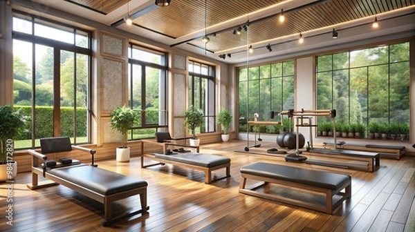 Fototapeta A modern pilates studio with contemporary equipment large windows for ample natural light provides a serene and inviting atmosphere for fitness and relaxation