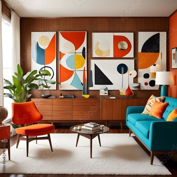 Fototapeta mid century modern room with furniture