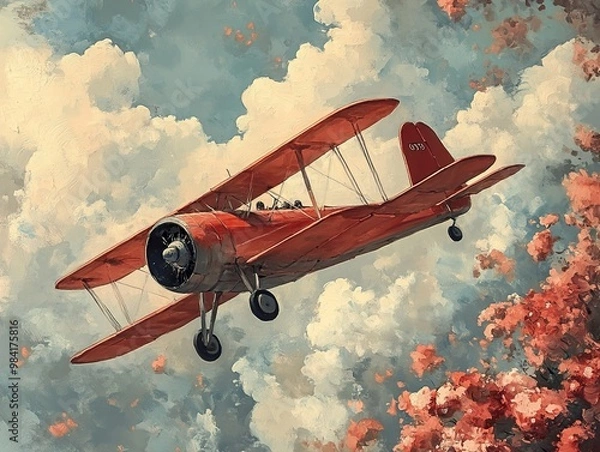 Fototapeta Vintage Red Biplane Flying Through the Clouds