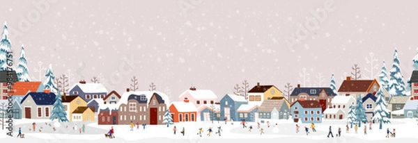 Fototapeta Seamless pattern Winter City Scene,Christmas Greeting Card,New Year Background,Vector illustration Endless Horizon Cute Fairy Houses with Snowy.Pattern Christmas winter landscape Design for Postcard
