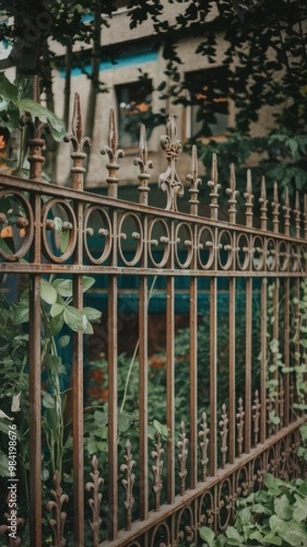 Fototapeta Rustic Iron Fence Behind Lush Greenery in Urban Setting