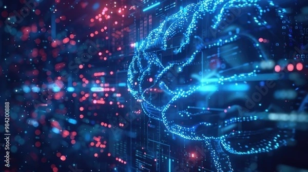 Fototapeta Machine Learning Background. Digital Brain Neural Network in Blue Tech with Connection and AI Concept