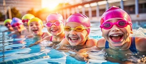 Fototapeta group of children laughing and swimming in an outdoor pool joyful expressions on their faces bright sunlight shines on the scene they wear colorful swim caps and goggles having fun