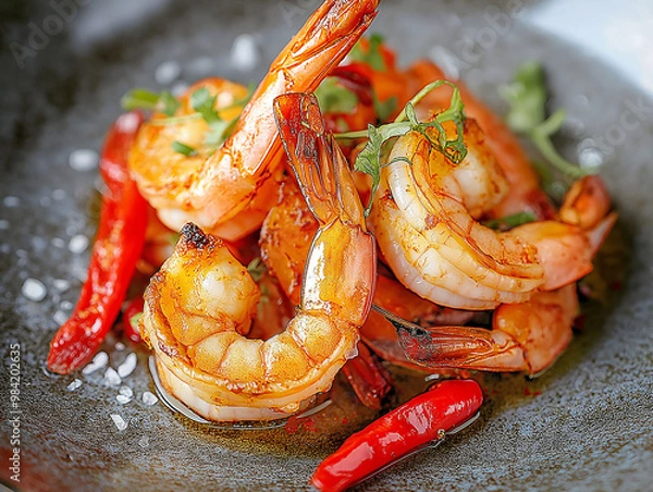 Obraz Stir-fried large shrimp with chili and salt, colorful and appetizing, served on a modern plate.
