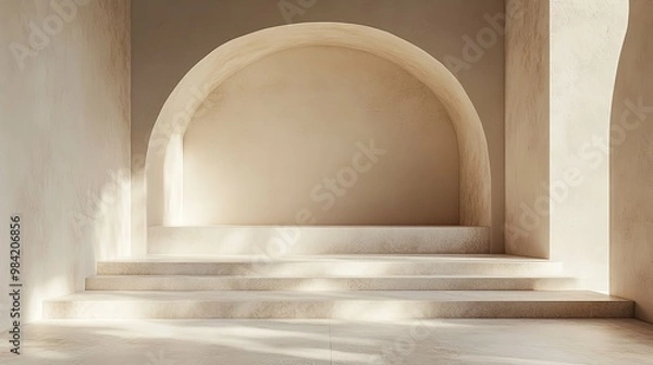 Obraz Minimalist Architectural Interior with Arched Niche and Stone Steps