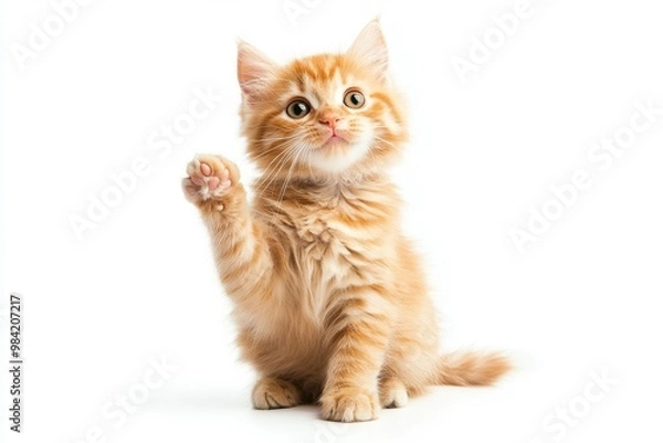 Obraz Cute Ginger Kitten Raising Paw Against White Background