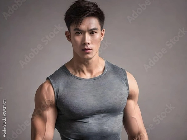Obraz Handsome Asian Male Model with Muscular Body and Tank Top Looking at Camera Portrait