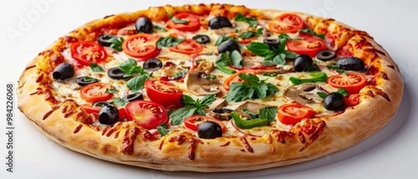 Fototapeta Image of a vegetable-topped pizza with thick crust on a white plate, cut into 8 slices with cherry tomatoes, olives, bell peppers, mushrooms, and greens.