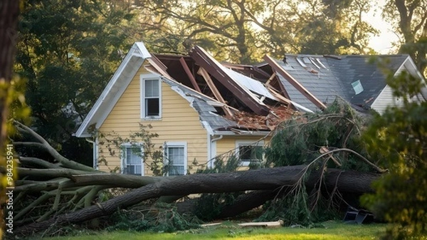 Fototapeta Fallen Tree Damage to House After Storm