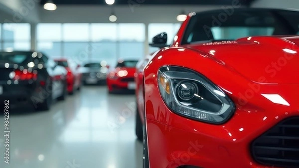 Fototapeta a close up view of a shiny red car in a showroom with other vehicles in the background