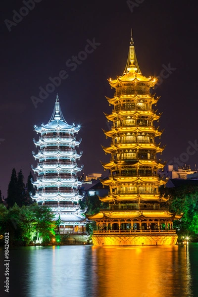 Obraz Sun and Moon twin double pagodas and Shanhu lake in  Guilin