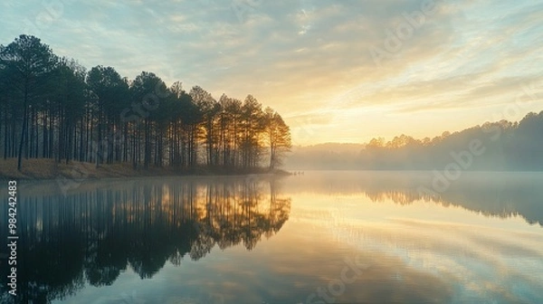 Obraz Misty Sunrise Over a Tranquil Lake with Silhouetted Trees