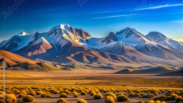 Fototapeta This image displays a vast desert landscape with scattered vegetation in the foreground. In the background, towering snow-capped mountains rise under a clear blue sky, creating a stunning contrast bet
