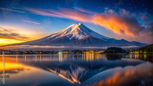Fototapeta Mount Fuji stands majestic against a vibrant sunset sky, its snow-capped peak perfectly reflected in the calm waters of Lake Shoji. Distant lights twinkle along the shoreline, creating a serene atmosp
