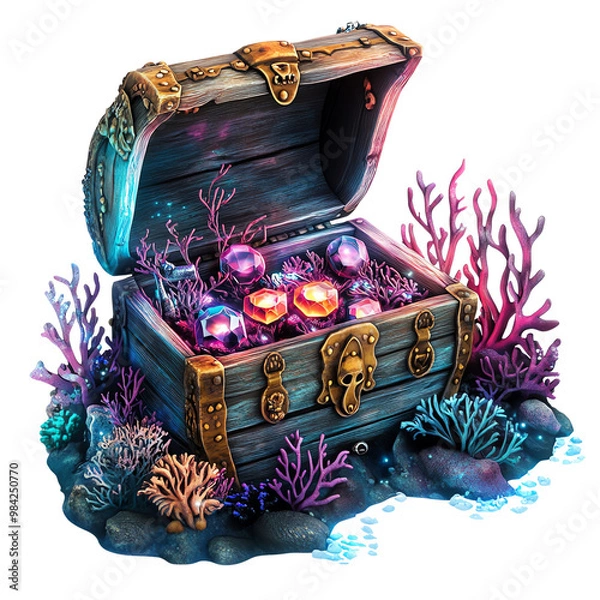 Obraz Treasure chest with jewels, white isolate background