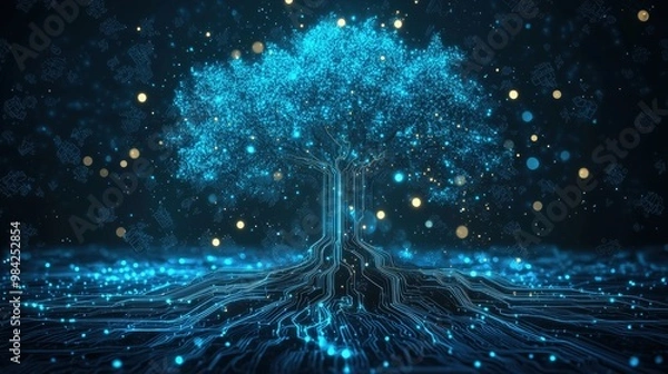 Fototapeta Glowing Abstract Digital Tree with Circuitry Emitting Luminous Energy and Connections