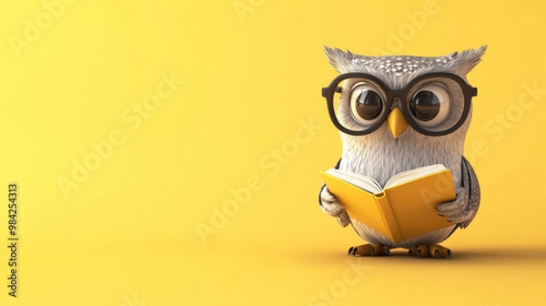 Fototapeta Representación en 3D de un simpático búho con gafas leyendo un libro sobre un fondo amarillo. El diseño es simple y minimalista, centrándose en el simpático personaje con amplio espacio para texto.