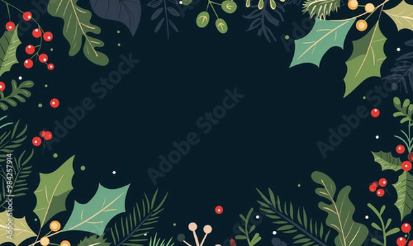 Fototapeta Christmas-themed background with holly, mistletoe, and pine branches in the corners, flat vector illustration