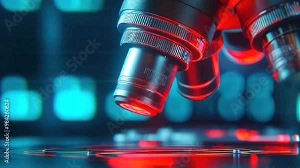 Fototapeta A close-up view of a microscope highlighting its lenses, illuminated with red and blue lights, symbolizing scientific research and exploration, Business idea concept.