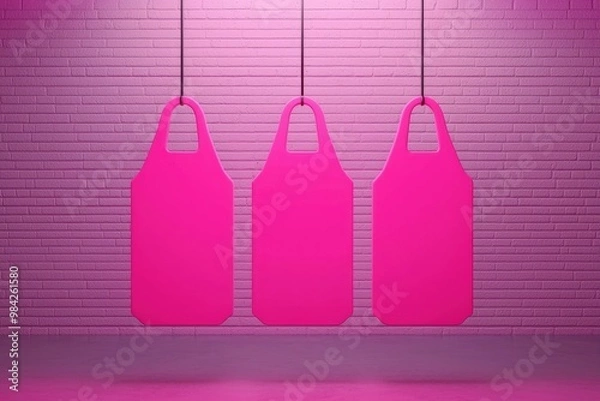 Fototapeta Three vibrant pink tags hang against a textured, pink wall, creating a striking visual impact in a modern, minimalist setting, Business idea concept.