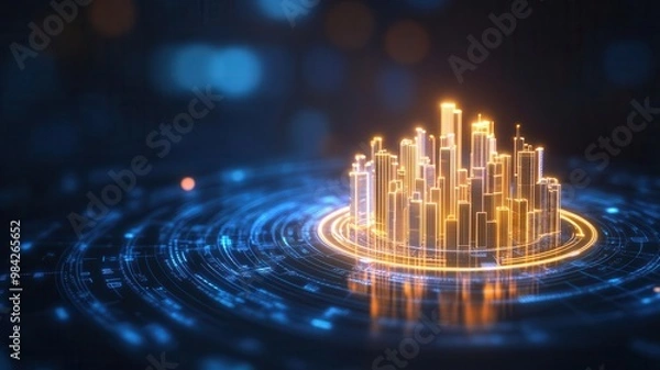 Fototapeta A glowing city emerging from a digital graph, representing the development of urban businesses and economic growth