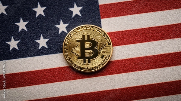 Fototapeta Bitcoin on American Flag Representing Cryptocurrency in the USA Economy and Digital Finance  
