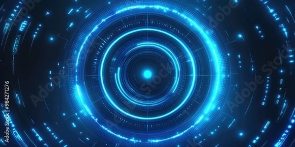 Fototapeta Abstract background featuring blue neon circles embodying a futuristic and magical techno design in a line art style