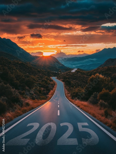 Obraz New year 2025 or straight forward concept. Text 2025 written on the road in the middle of asphalt road with at sunset. Concept of planning, goal, challenge, new year resolution.