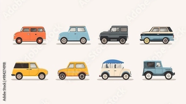 Fototapeta Charming and whimsical collection of vehicles with a flat, minimalist visual aesthetic. These adorable cars exude cuteness and simplicity, capturing the essence of cartoonish charm