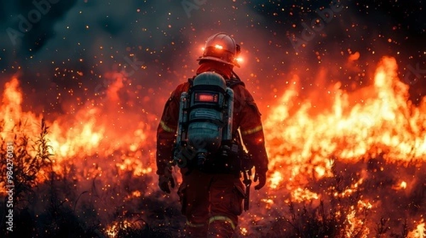 Fototapeta A firefighter fighting a natural disaster. The concept of fighting a forest fire