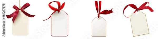 Fototapeta Set of a Christmas gift tag with ribbon, isolated on a transparent background.