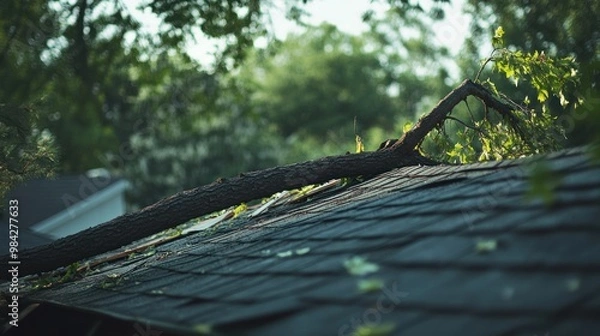 Fototapeta A large tree branch has fallen onto a residential roof, causing damage to the shingles.