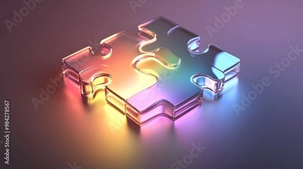 Obraz Two glass puzzle pieces fit together, glowing with a rainbow of colors.