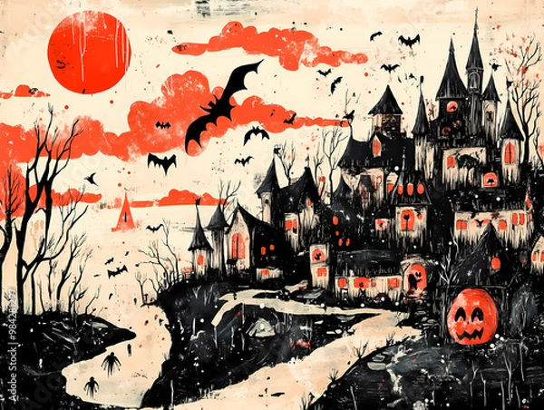 Fototapeta Spooky village with crooked houses and eerie trees under a blood-red sky, flying bats, and dark horror atmosphere in a gothic-styled illustration