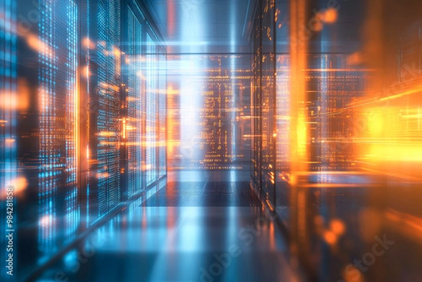 Fototapeta A modern server room with brightly lit blue and orange hues reflecting on sleek surfaces, emphasizing data and technology themes.
