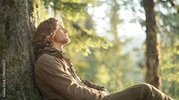 Fototapeta A young man sits leaning against a tree in a forest with his eyes closed, enjoying the peace and quiet of nature.