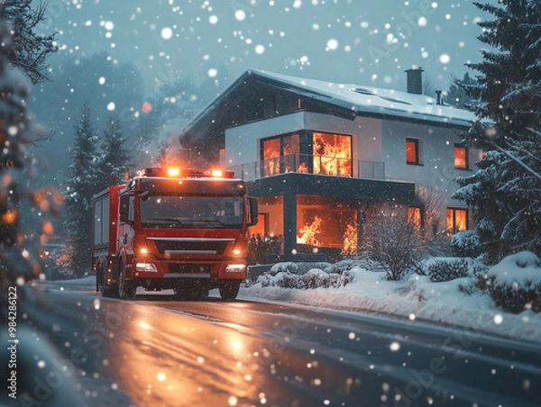 Fototapeta A fire truck approaches a residential home engulfed in flames, with snow falling all around, during a cold winter evening in a quiet neighborhood